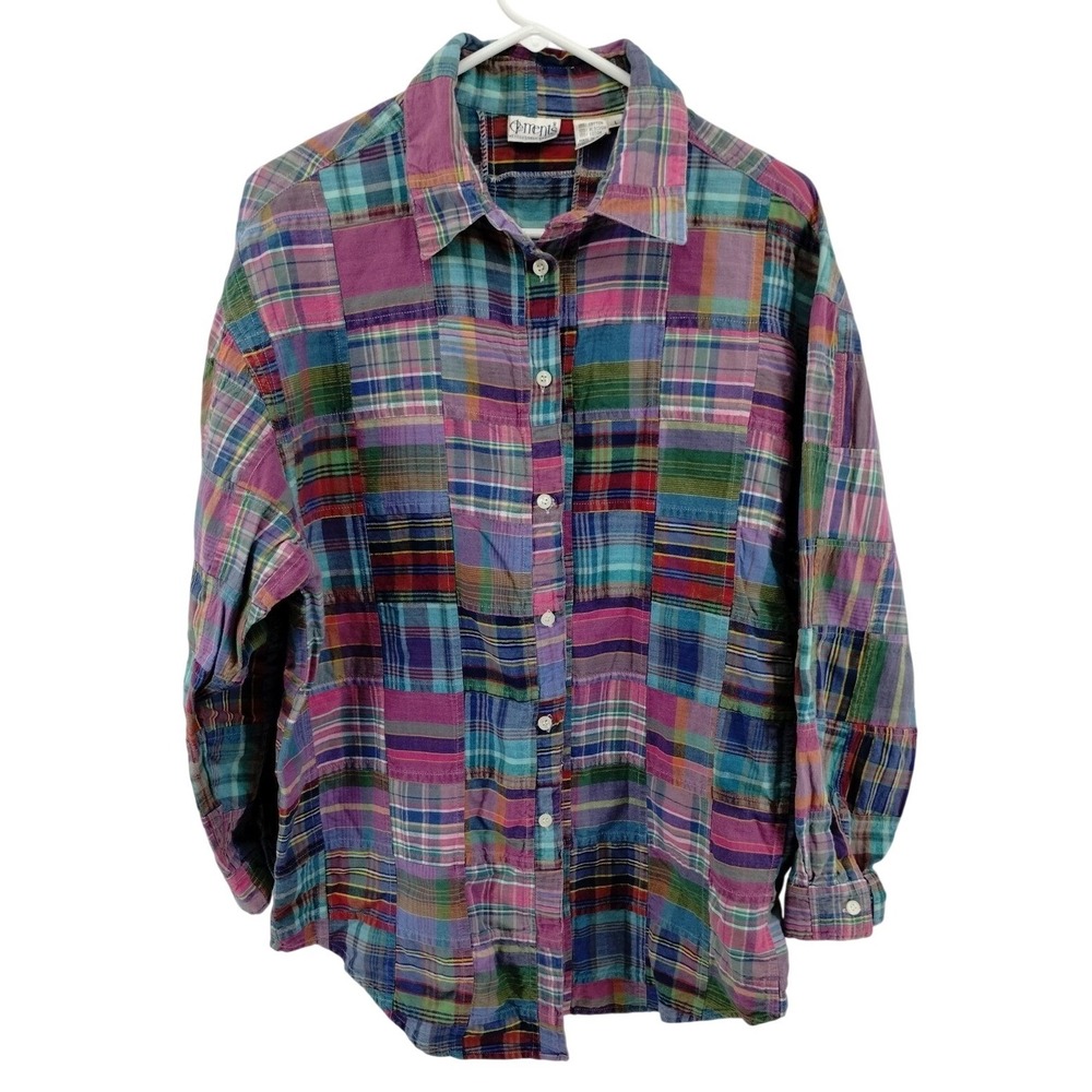 VTG Elements‎ Spiegel Patchwork Plaid Button Up Shirt Women's Size Large Cotton